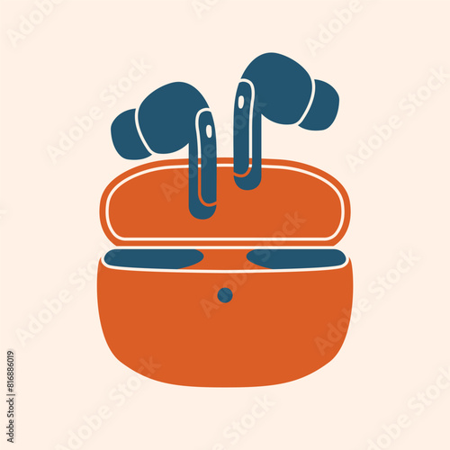 Minimal vector illustration of wireless earphones with charging case. Flat design. Clip art with headphones. Music lover concept.