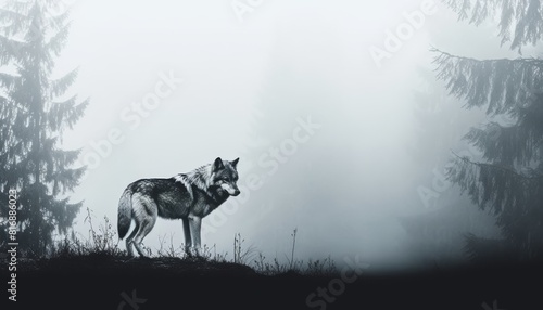 A wolf stands on a hilltop in the mist. The wolf is looking off into the distance. The image is in black and white.