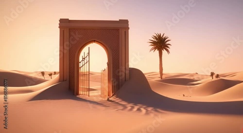 3d gate to an oasis in the middle of the desert in minimalist style photo