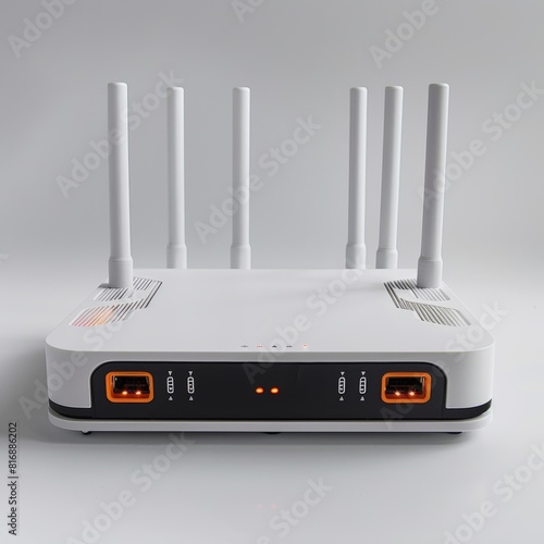 White Wi-Fi Router with Antennas on Black Background