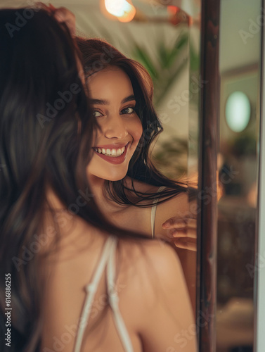 beautiful woman looking her self in the mirror and giving happy expression