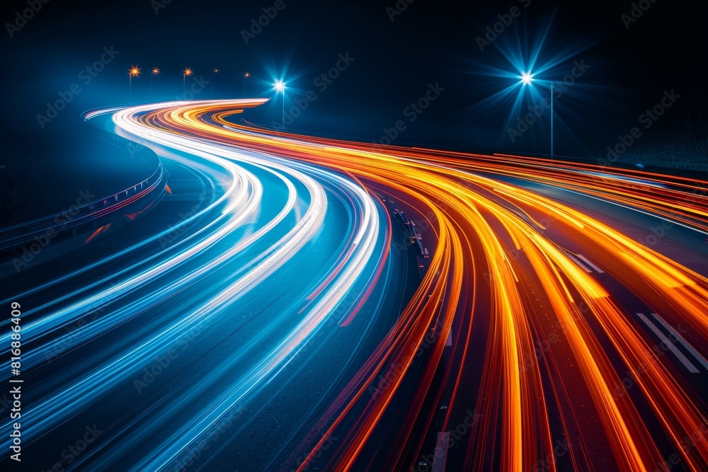 An abstract depiction of a highway with swirling blue and orange light trails, creating a sense of speed and fluid motion An abstract depiction of a highway with swirling blue and orange light trails, creating a sense of speed and fluid motion