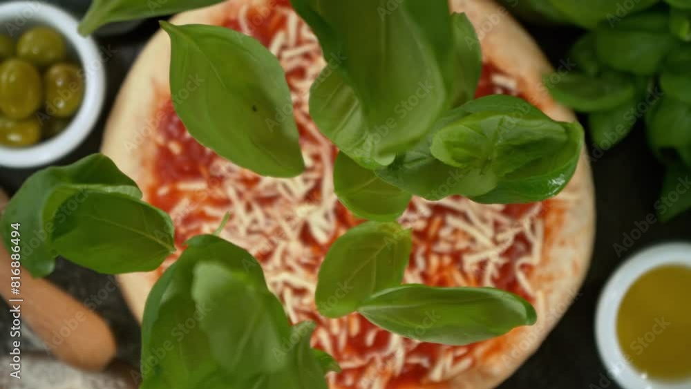 Super Slow Motion of Falling Basil Leaves on Pizza Dough. Filmed on High Speed Cinema Camera, 1000fps, Placed on High Speed Cine Bot. Camera in Motion, Following Objects. Super Slow Motion of Falling Basil Leaves on Pizza Dough. Filmed on High Speed Cinema Camera, 1000fps, Placed on High Speed Cine Bot. Camera in Motion, Following Objects.