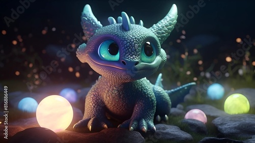 Image of a cute purple dragon. Cute dragon incubating eggs. Cute dragon on the background of the forest.