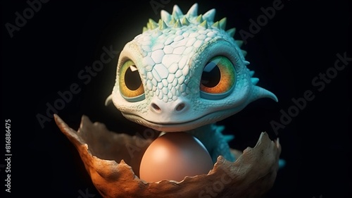 Image of a cute purple dragon. Cute dragon incubating eggs. Cute dragon on the background of the forest.