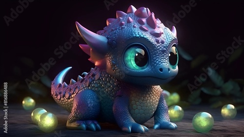Image of a cute purple dragon. Cute dragon incubating eggs. Cute dragon on the background of the forest. © Anna