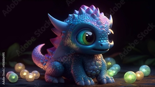 Image of a cute purple dragon. Cute dragon incubating eggs. Cute dragon on the background of the forest.