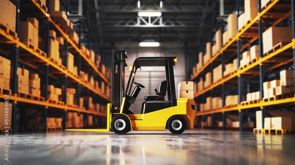 A side view of a yellow forklift in a large warehouse. The warehouse is filled with stacked cardboard boxes on industrial shelving, indicating a busy storage facility.