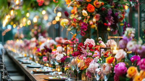 Elegantly decorated banquet table with colorful flowers  candles  and dinnerware under glowing lights.