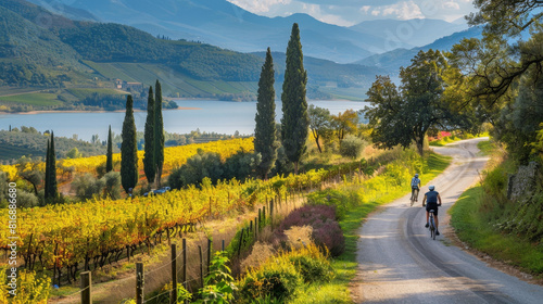 Fototapeta Naklejka Na Ścianę i Meble -  Two individuals, riding bicycles, are seen cycling down a scenic country road in lush greenery and rolling hills of the European landscape 