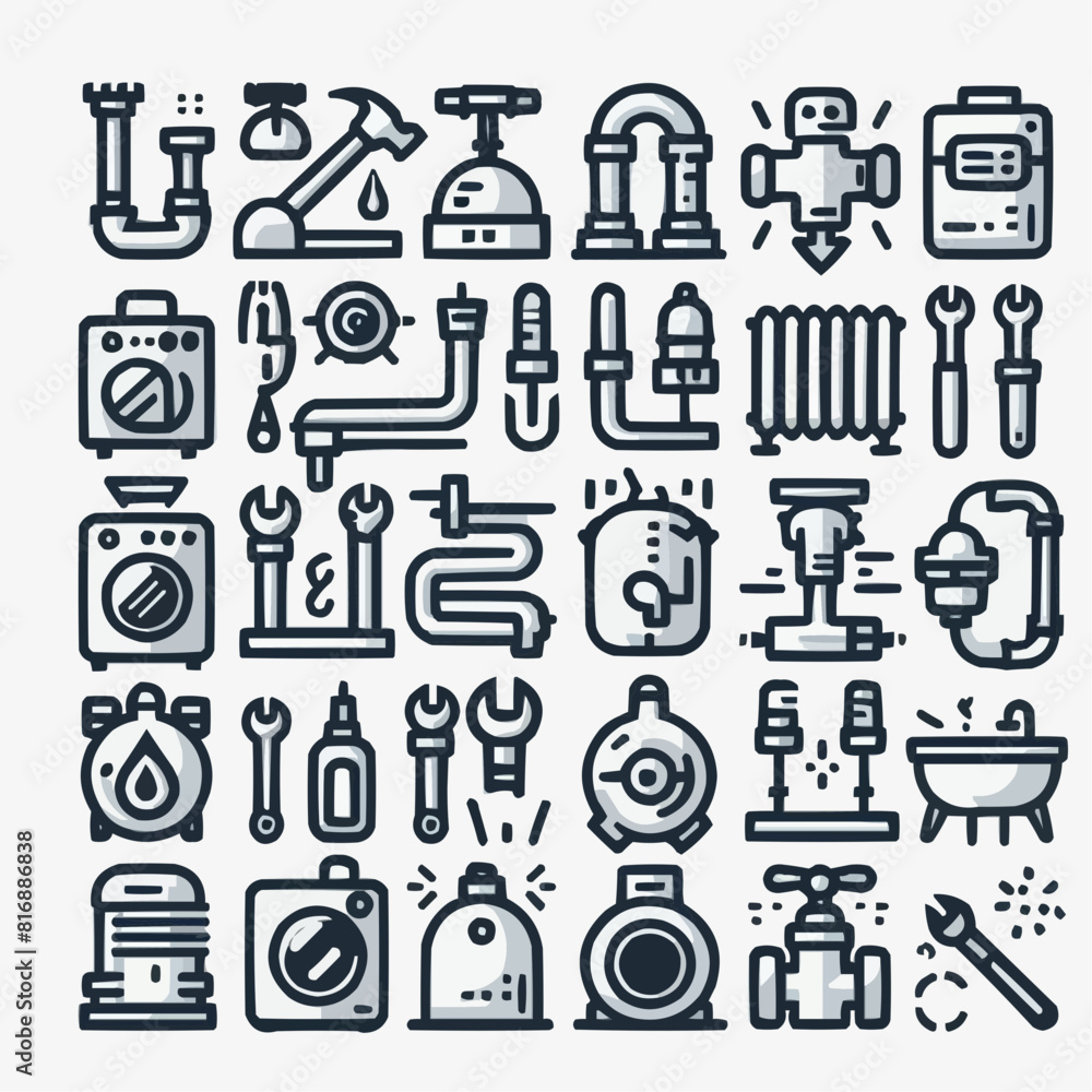 outline plumbing heating set icon silhouette vector illustration white background, plumbing, heating, ventilation, construction, renovation. Linear icon collection. Editable stroke outline plumbing heating set icon silhouette vector illustration white background, plumbing, heating, ventilation, construction, renovation. Linear icon collection. Editable stroke