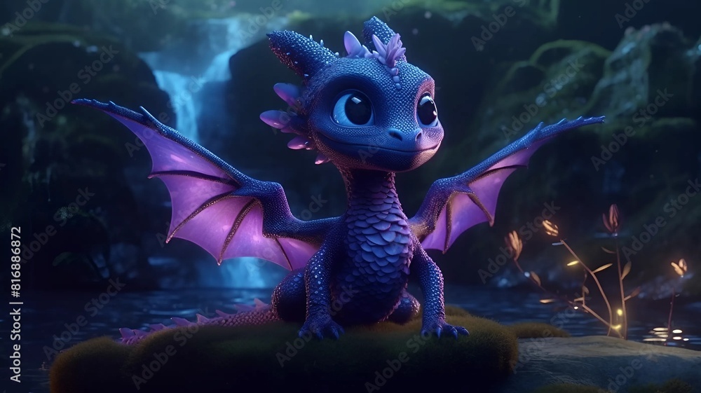 Image of a cute purple dragon on a purple background. Cute dragon sitting on a rock. Cute dragon on the background of the forest.