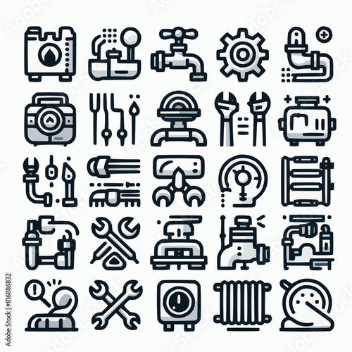 outline plumbing heating set icon silhouette vector illustration white background, plumbing, heating, ventilation, construction, renovation. Linear icon collection. Editable stroke