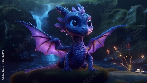 Image of a cute purple dragon on a purple background. Cute dragon sitting on a rock. Cute dragon on the background of the forest.