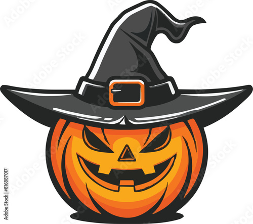 Halloween scary pumpkin in purple witches hat in