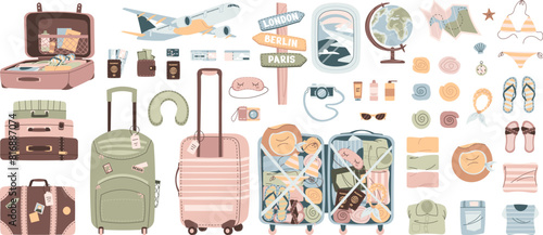 Travel illustration set. Travel and adventure tourism, trips abroad, summer holidays. Hand drawn vector illustration in flat style. Ideal for sticker kit, scrapbooking, posters, tags