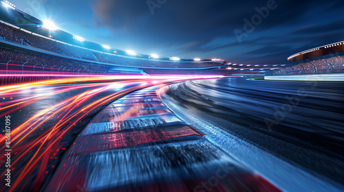 Dramatic Night Scene at Race Track with Spectators Under Sports Lights