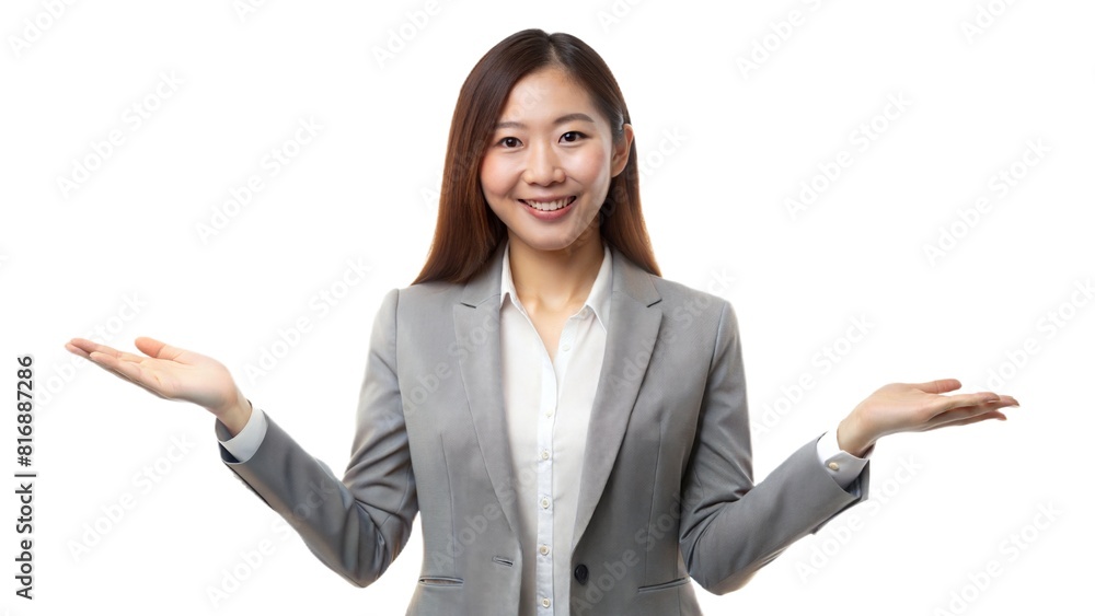 Ultrarealistic long full face and body photorealistic woman in a gray jacket and white shirt holding out her hands, plain background, with a white background Ultrarealistic long full face and body photorealistic woman in a gray jacket and white shirt holding out her hands, plain background, with a white background