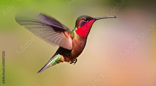 Slow Motion Extreme Close-Up of a Crimson Topaz Gorget Hummingbird Hovering in Exquisite Detail photo