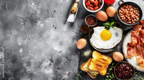 A vibrant breakfast spread featuring a fried egg, crispy bacon, toasted bread, baked beans, kidney beans, fresh tomatoes, and seasonings on a textured grey background.
