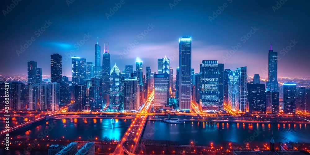 Fototapeta premium A vibrant city skyline at night, illuminated with skyscrapers and street lights