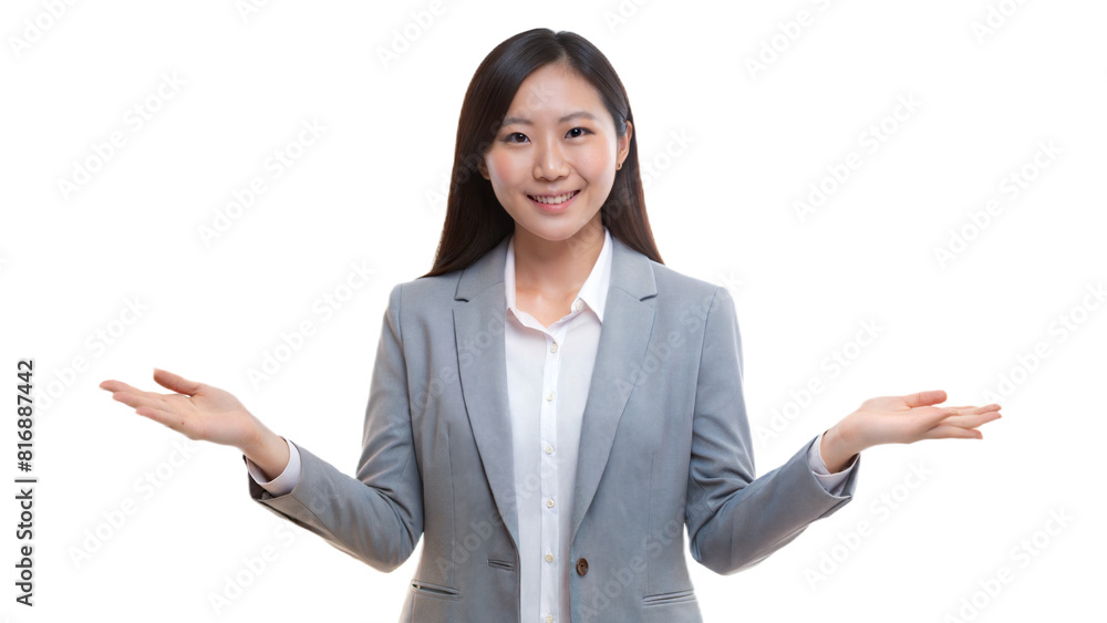 Ultrarealistic long full face and body photorealistic woman in a gray jacket and white shirt holding out her hands, plain background, with a white background Ultrarealistic long full face and body photorealistic woman in a gray jacket and white shirt holding out her hands, plain background, with a white background