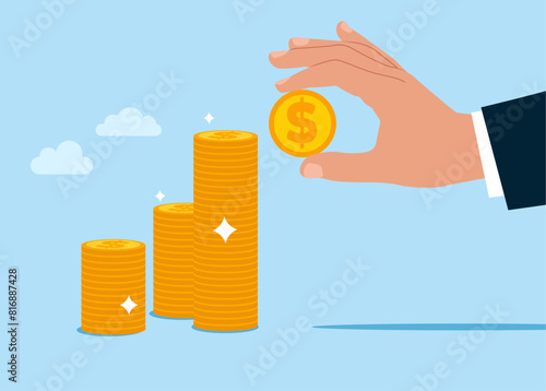 Putting coin a stacks money savings. Modern vector illustration in flat style