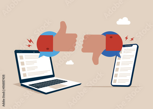 Arguing on difference thumb up and down. Service quality assessment.  Flat vector illustration.