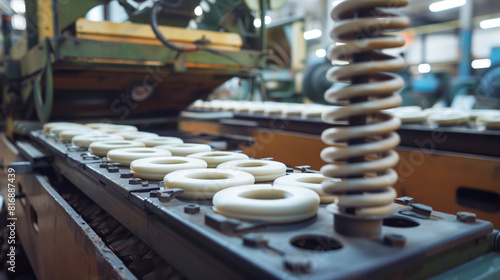 Conveyor belt in a factory producing rubber gaskets. The image showcases the manufacturing process and the industrial machinery used in gasket production.