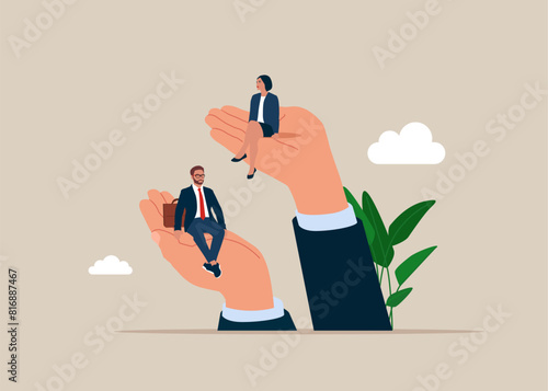 Giant hands holding man and woman. Upper class female sitting on top of injustice with person of male at the bottom. Flat vector illustration