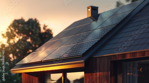 a photo of a modern  house with solar panels on the roof