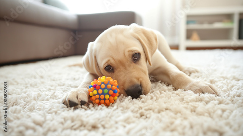Lindo cachorrinho Labrador deitado no tapete branco na sala de estar e brincando com uma pequena bola de brinquedo de estimação