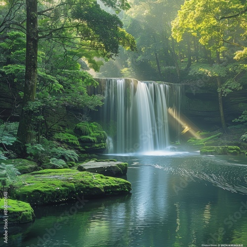A tranquil scene of a waterfall in a dense forest  with mosscovered rocks