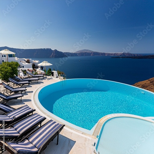 A luxurious swimming pool in Santorini  with white stone surroundings  sun loungers  and a panoramic view of the caldera.