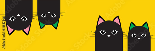 Cat head face set. Black silhouette icon. Kitten with big white eyes. Cute cartoon funny pet character. Funny kawaii animal. Flat design.  ears, nose, cheek. Yellow background Vector illustration.