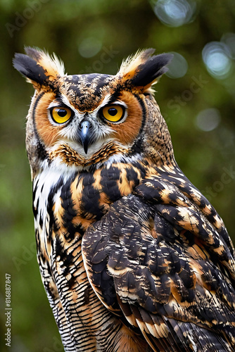 Great Horned Owl Scouting Forest Area For Food Tactical Wisdom Hunting Bird Of Prey 300PPI High Resolution Image