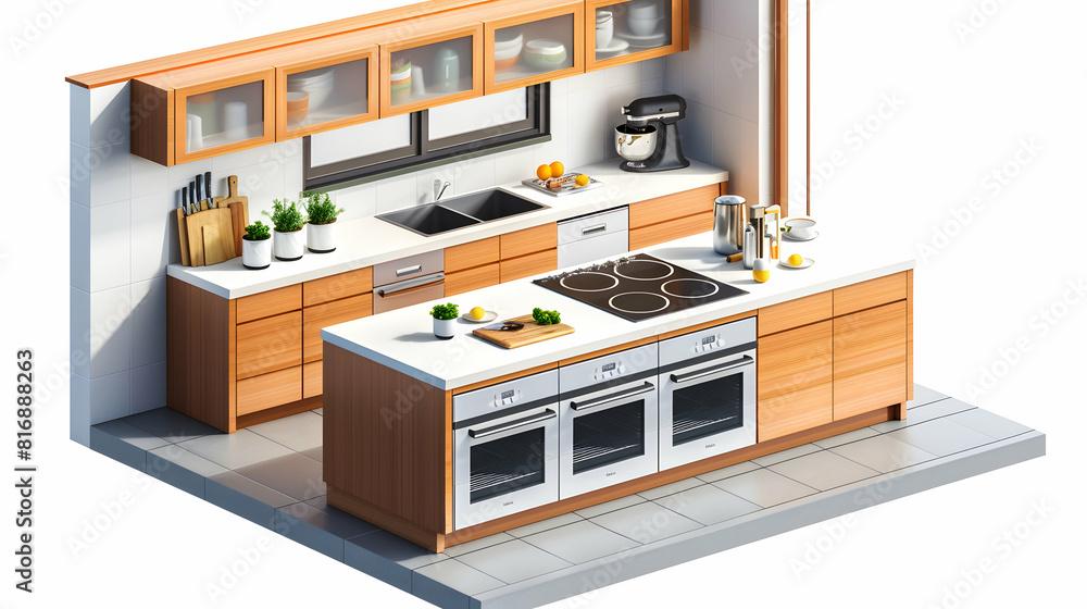 3D Flat Cartoon Style Kitchen Island: Symbolizing Functionality, Style, and Home Cooking. Perfect for Kitchen, Home, or Lifestyle Content. Isolated on White Background.