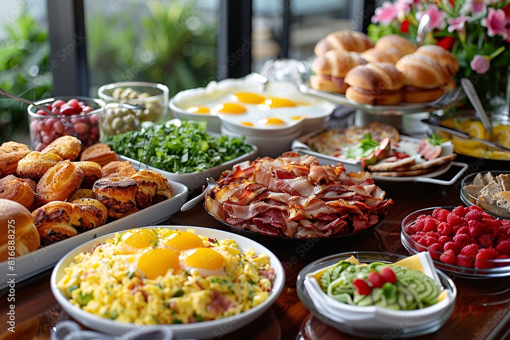 A brunch spread with a variety of dishes, including eggs, bacon, pastries, and fresh fruit