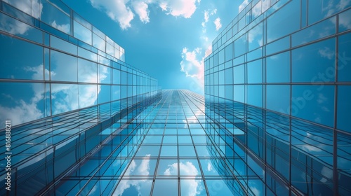 A stunning view of a modern skyscraper with reflective glass windows against a blue sky