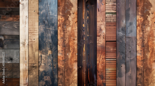 Textured wooden planks with varying colors and patterns ranging from light to dark tones. photo