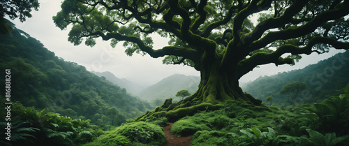 森 自然 風景 木 空 山 背景画像 Generative AI photo