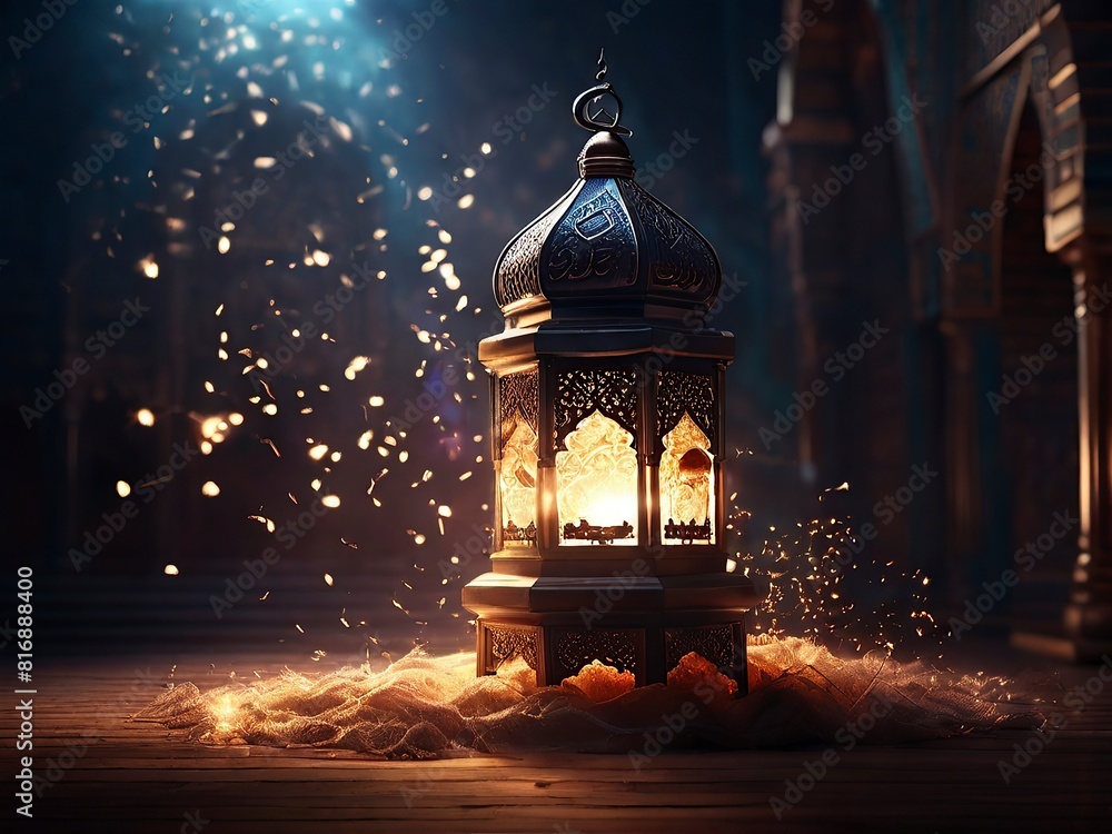 Free Photo Eid mubarak Muslim mosque stand starry night and islamic lamp