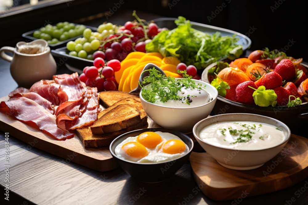 A brunch spread with a variety of dishes, including eggs, bacon, pastries, and fresh fruit A brunch spread with a variety of dishes, including eggs, bacon, pastries, and fresh fruit