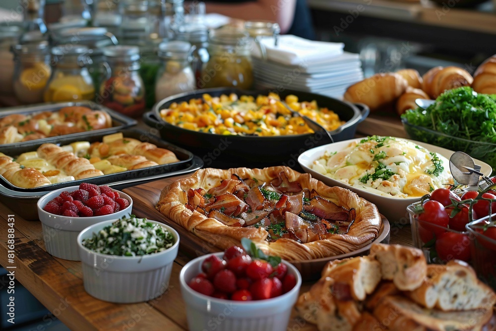 A brunch spread with a variety of dishes, including eggs, bacon, pastries, and fresh fruit A brunch spread with a variety of dishes, including eggs, bacon, pastries, and fresh fruit
