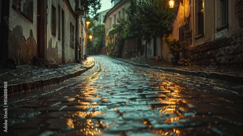 Cobblestone street in a rainy city for vintage and urban design
