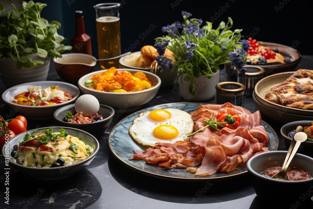 A brunch spread with a variety of dishes, including eggs, bacon, pastries, and fresh fruit