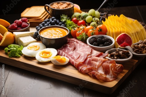 A brunch spread with a variety of dishes, including eggs, bacon, pastries, and fresh fruit