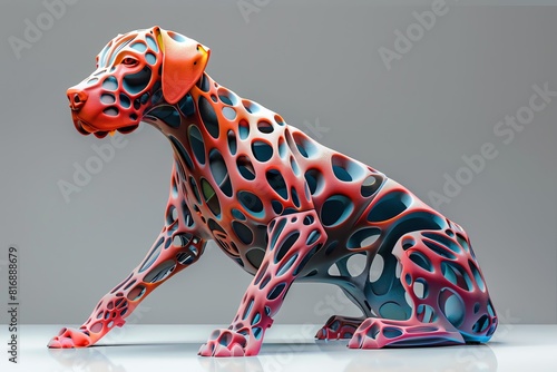 Fashionable dog statue with abstract patterns, side view, Stylish pet, futuristic tone, Splitcomplementary color scheme photo