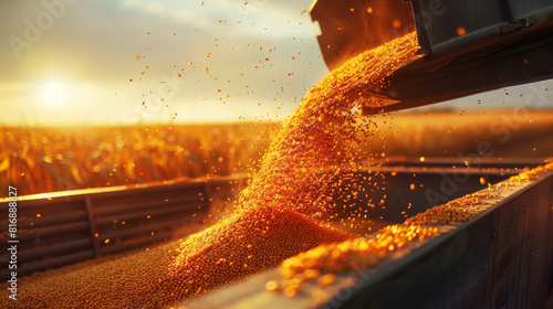 Golden corn kernels being harvested and poured into a large container, backlit by a warm, setting sun. The image captures the essence of agriculture during harvest season.