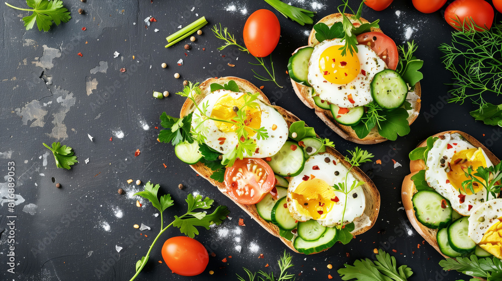 Delicious open-faced sandwiches with fried eggs, fresh tomatoes, cucumbers, and leafy greens on a black background decorated with herbs and spices.